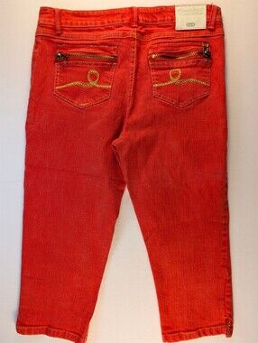 Devoted Women's Orange Red Cropped Denim Embroidery Pockets Jeans Size 30